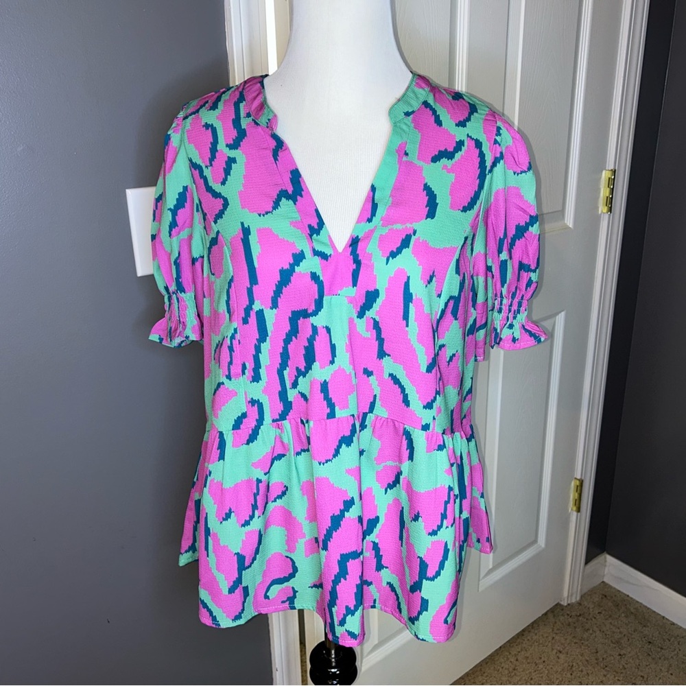 Umgee Teal Blue Purple Animal Print Peplum Short Sleeve Shirt Size Small